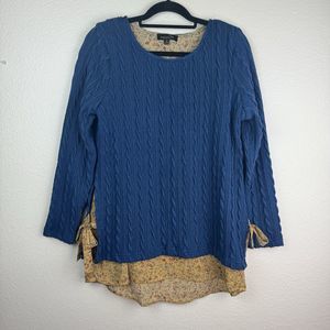 Suzanne Betro Layered Cable Knit Side Tie Sweater Blue Floral Medium